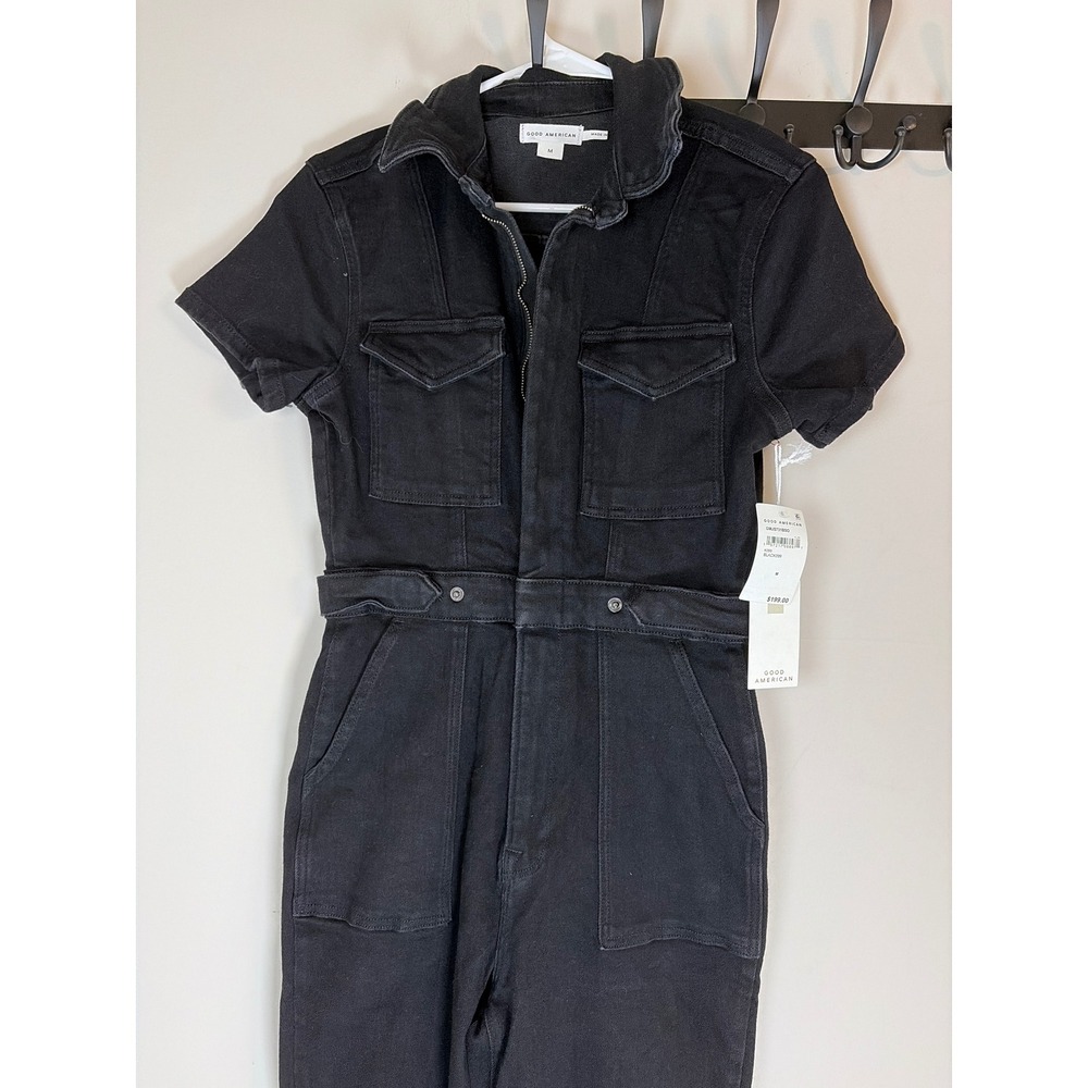 Good American Fit for Success Short Sleeve Denim Jumpsuit Black GMJS731BSO M